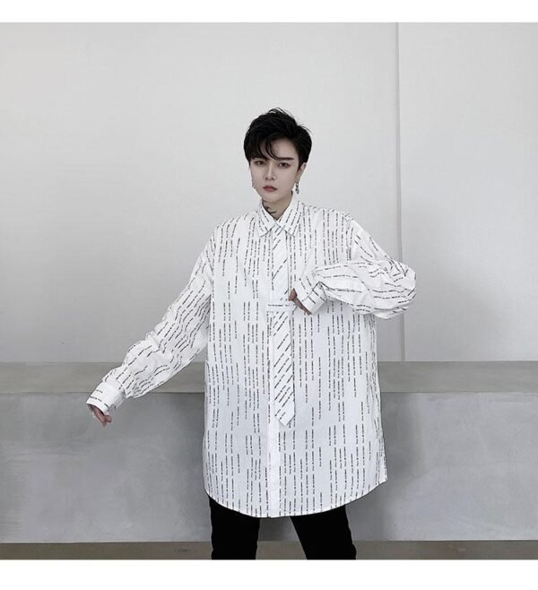 KK1452 Letter Printing Fixed Tie Design Men's Loose Long Sleeve Shirt