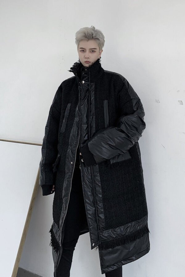 KK1308P235 Winter Style Splicing Small Fragrance Fabric Stand-up Collar Men's Mid-length Cotton Jacket