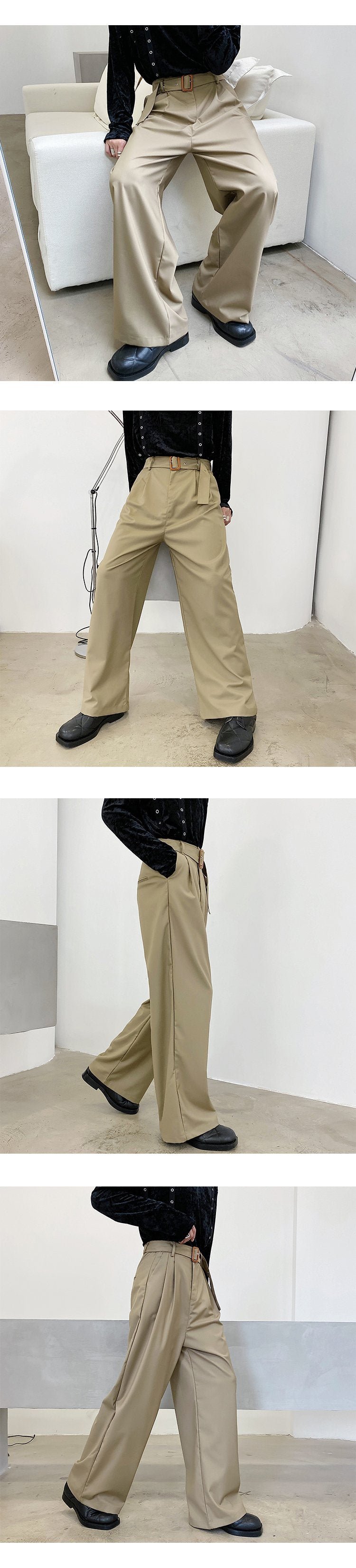 1302-p75 High Waist Straight Pants New Belt Floor Thin Casual Pants Long Men