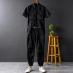 Summer Fashion Men's Short Sleeve One Piece Suit Plus Size Casual Leggings Performance Suit Men's and Women's One Piece Overalls