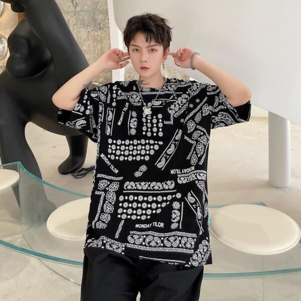KK1656/P70 Letter Cashew Flower Printed Loose T-shirt