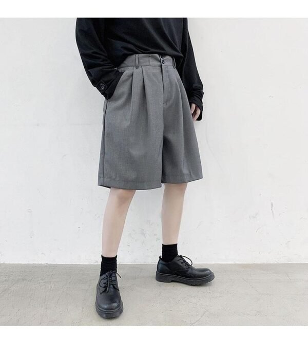 KK1375/P75 Double Live Pleat Design Loose Solid Color Casual Five-point Pants