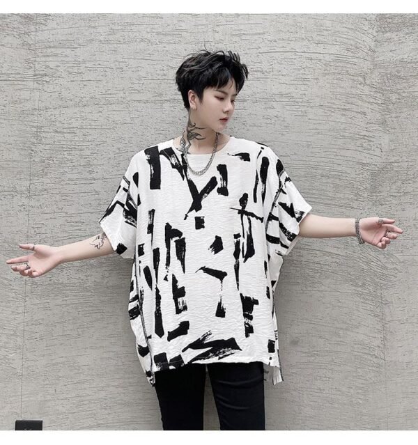 KK1686/P75 Geometric Pattern Drop Shoulder Raglan Sleeve Round Neck T-shirt