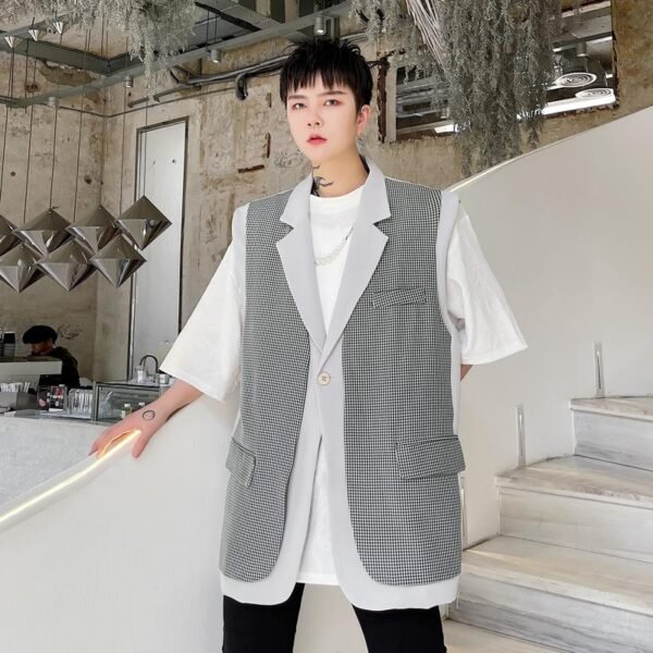 KK1631/P150 Lattice Stitching Contrast Color Fake Two-piece Vest