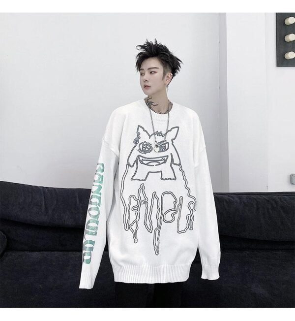 Kk1524 Little Monster Pattern Sleeve Letter Print Men's Loose Thick Sweater