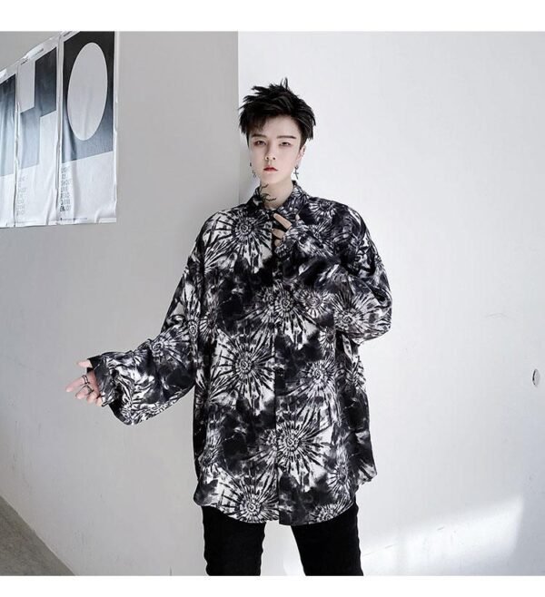 KK1499 Tie Geometric Pattern Print Men's Loose Long-sleeved Shirt