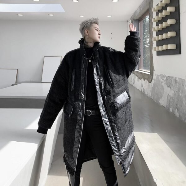 KK1308P235 Winter Style Splicing Small Fragrance Fabric Stand-up Collar Men's Mid-length Cotton Jacket