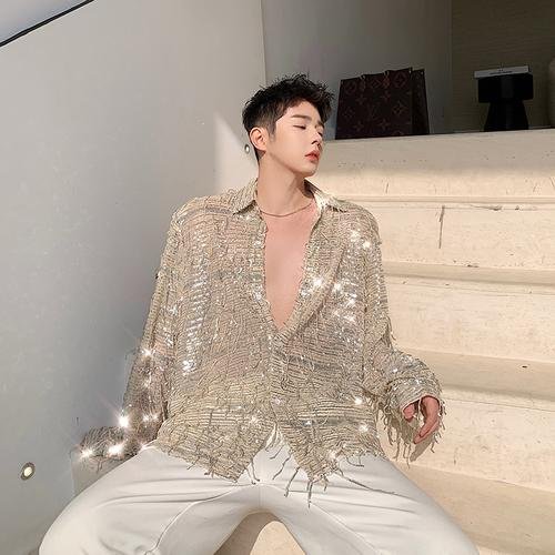 H1022 P105 Heavy Craft Irregular Sequin Tassel Shirt