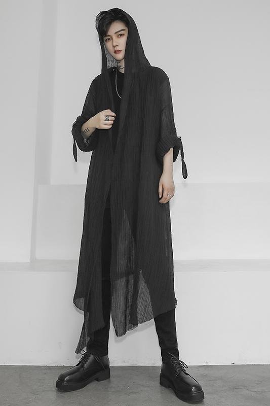 Fashion Gothic Cardigan Men's Long Loose Black Cardigan Chiffon Cardigan With Hooded