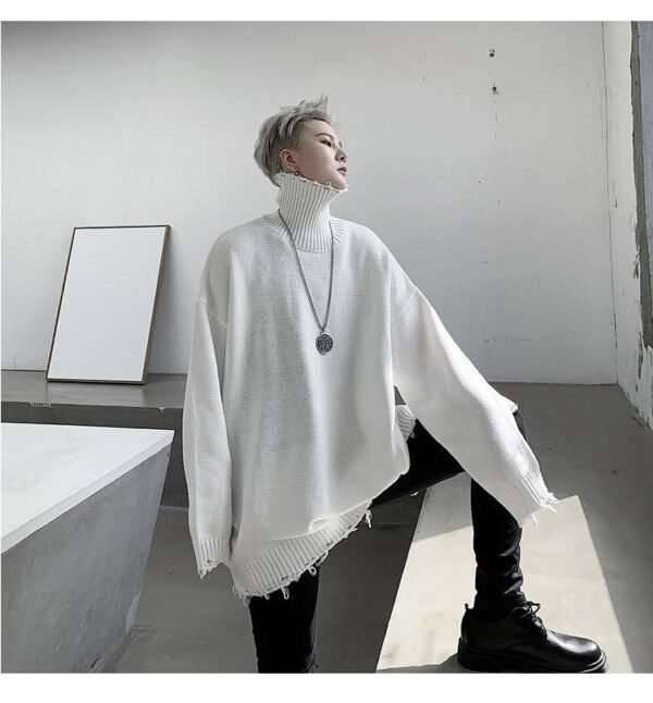 KK1304 Solid-color High-necked Hole-breaking Men's Loose-fitting Head Sweater