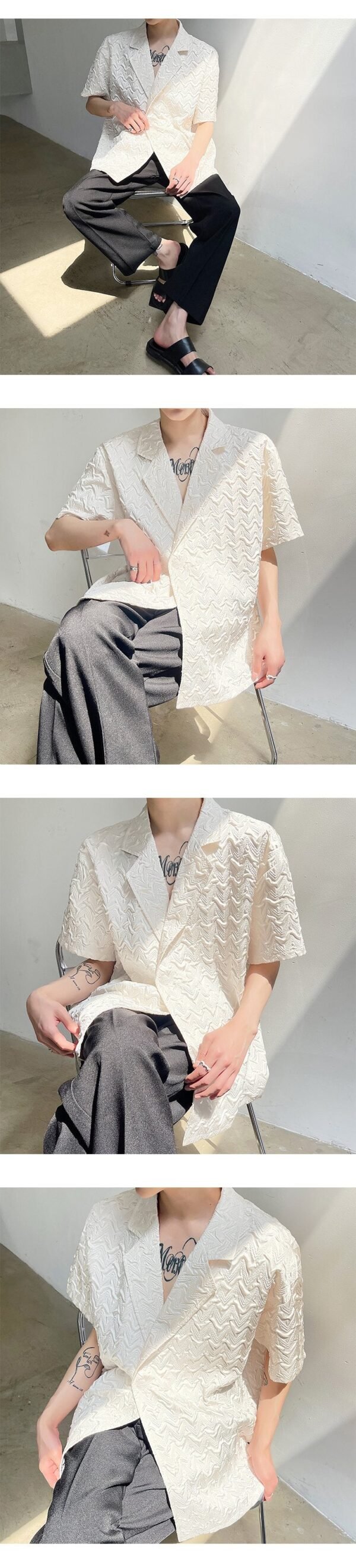 2388-P70 Original Pleated Embossed Fashion Cold Wind Lapel Short-sleeved Shirt