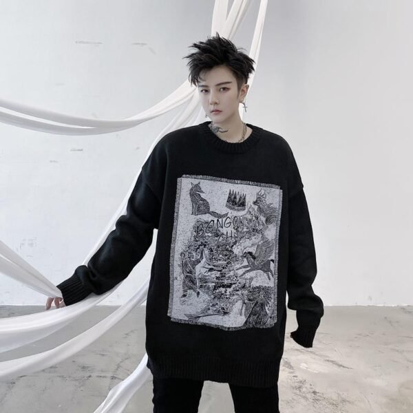 Kk1525 Animal Alphabet Print Men's Solid Color Loose Thick Sweater