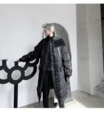 KK1308P235 Winter Style Splicing Small Fragrance Fabric Stand-up Collar Men's Mid-length Cotton Jacket