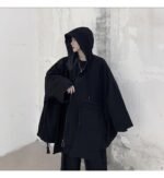 Dark Large Pocket Bat Sleeve Loose Hooded Trench Coat