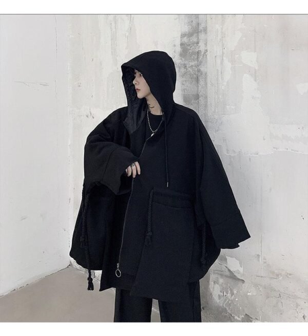 Dark Large Pocket Bat Sleeve Loose Hooded Trench Coat