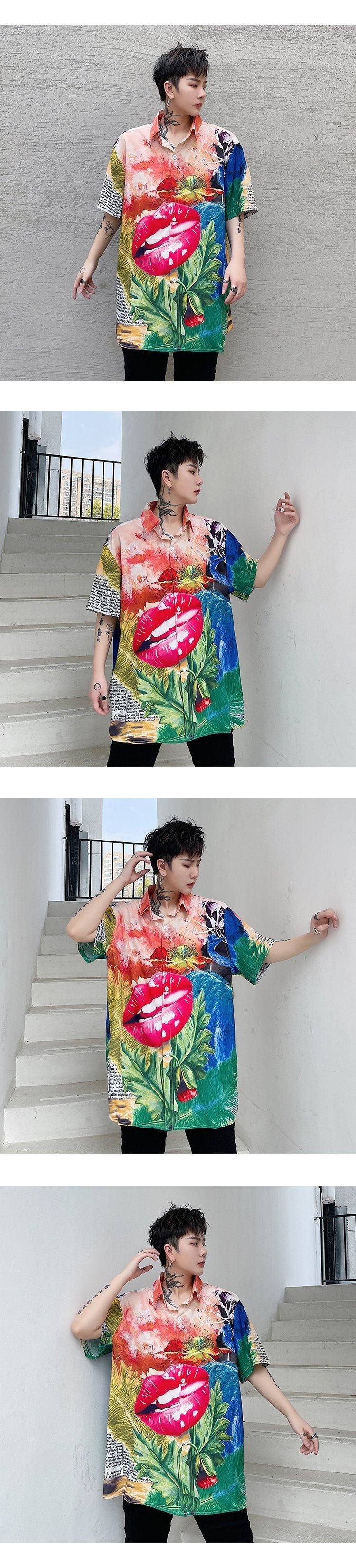 8063-P48 Summer Personality Printed Loose Short-sleeved Shirt