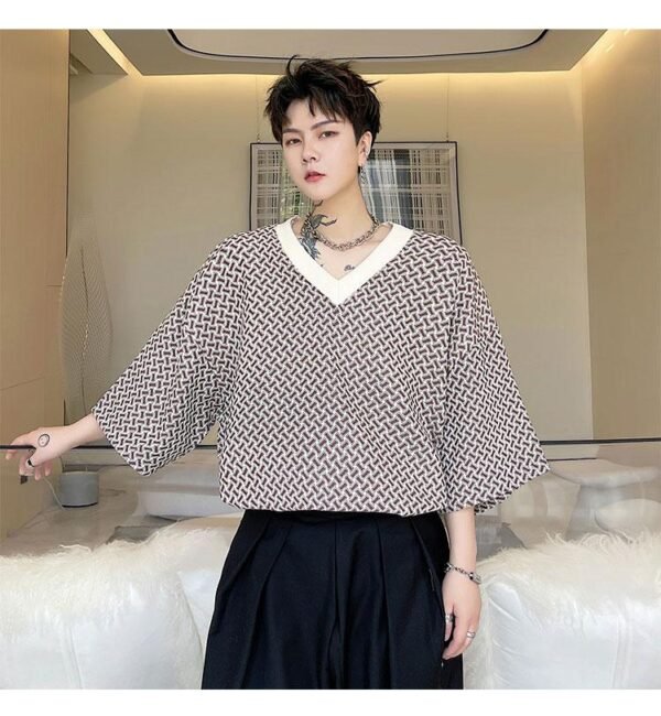 KK1658/P60 Geometric Pattern V-Neck Pullover Loose T-shirt