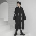 Men's Tide Long Windbreaker Jacket Long Coat Drawstring Jacket