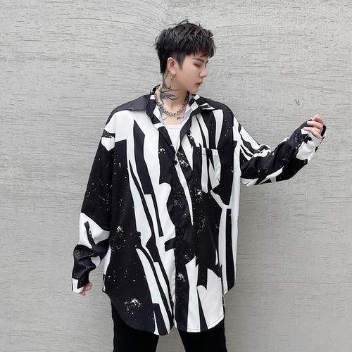 CS16-P70 Niche Design Long-sleeved Black and White Floral Shirt