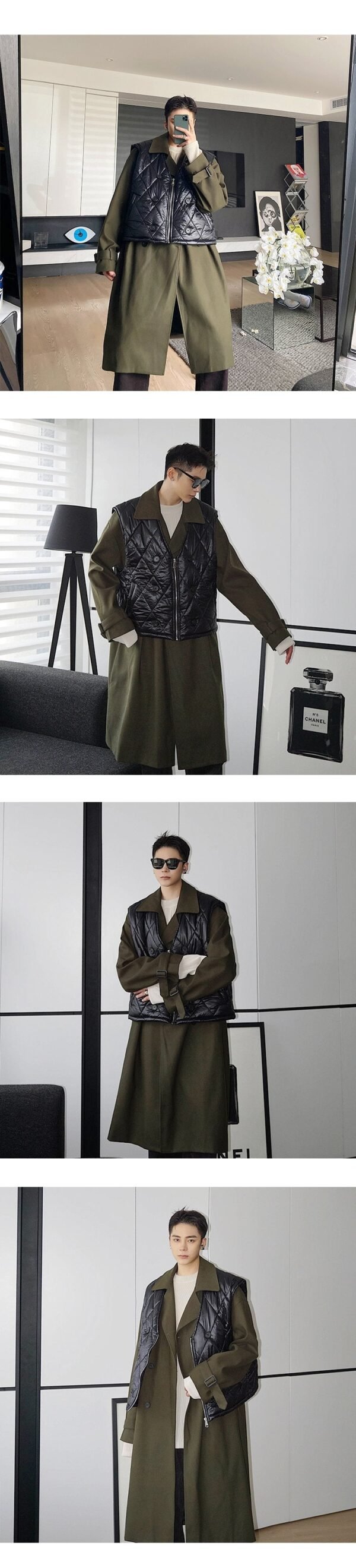 A345-1606-P225 Army Green Long Coat and Two-piece Black Cotton Vest