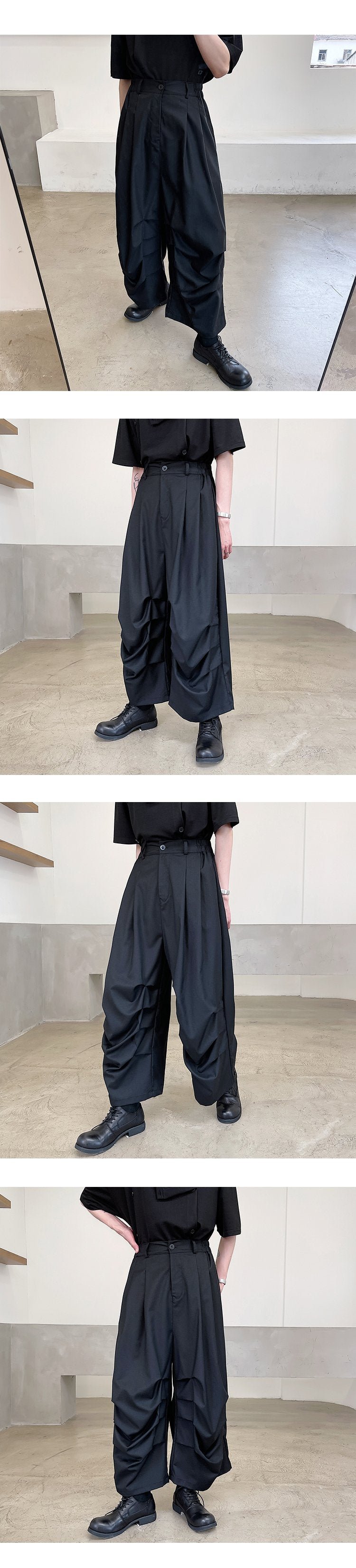 2382-P75 Personality Fold Design Dark Style Wide-leg Cropped Trousers