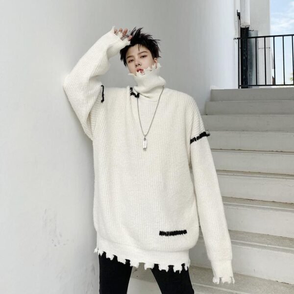 KK1570/P95 Winter Solid Color Hole High Neck Stitch Design Loose Thick Sweater