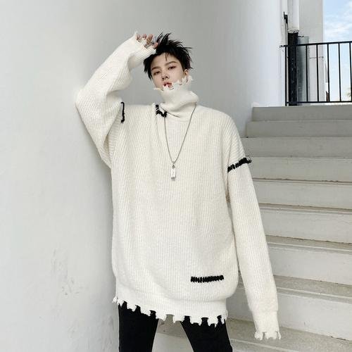KK1570/P95 Winter Solid Color Hole High Neck Stitch Design Loose Thick Sweater
