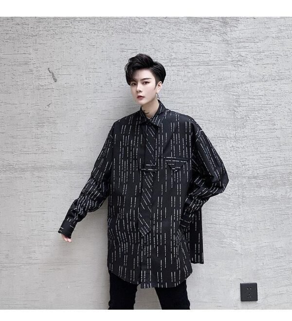 KK1452 Letter Printing Fixed Tie Design Men's Loose Long Sleeve Shirt