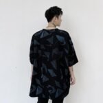KK1623/P80 Geometric Pattern Printed Patchwork Falling Shoulder Loose Short Sleeve T-Shirt