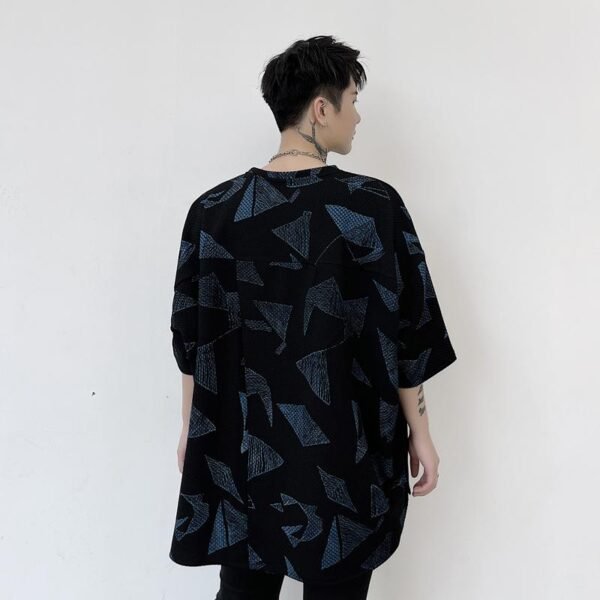 KK1623/P80 Geometric Pattern Printed Patchwork Falling Shoulder Loose Short Sleeve T-Shirt
