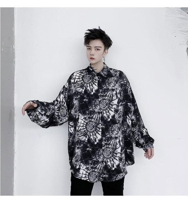 KK1499 Tie Geometric Pattern Print Men's Loose Long-sleeved Shirt