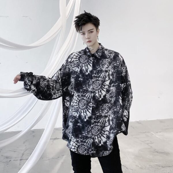 KK1499 Tie Geometric Pattern Print Men's Loose Long-sleeved Shirt