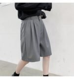 KK1375/P75 Double Live Pleat Design Loose Solid Color Casual Five-point Pants