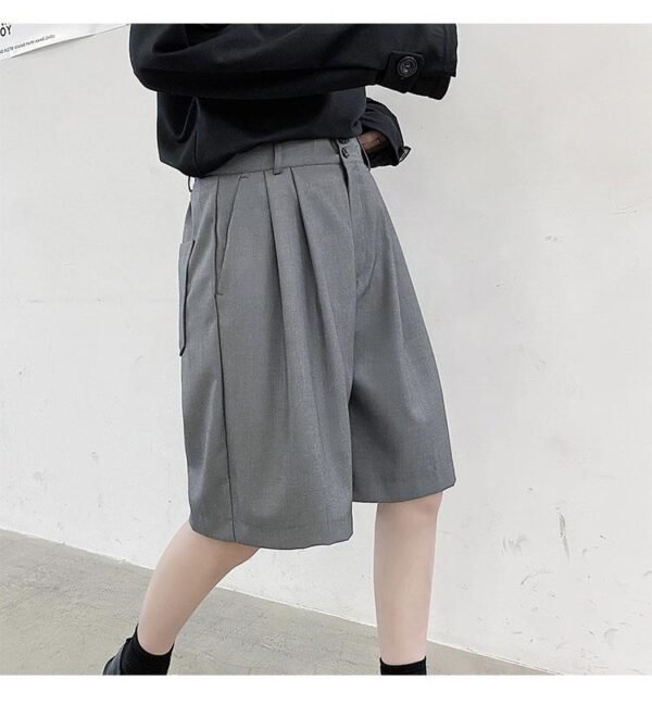 KK1375/P75 Double Live Pleat Design Loose Solid Color Casual Five-point Pants