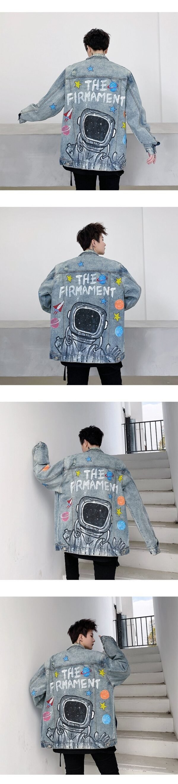 8034-P130 Washed and Old Hand-painted Cartoon Elements Denim Jacket