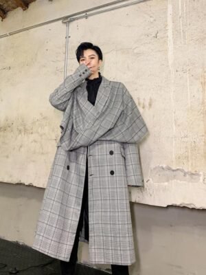 Fashion Design Long Windbreaker Double Breasted Coat Plaid Trench Coat Flannel Coat for Men