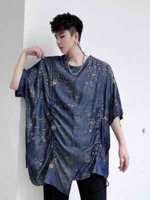 KK1625/P75 Denim Blue Bronzed Drawstring Design Drop Shoulder Loose T-shirt