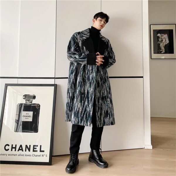 P165 Korean Tree Pattern Wool Over The Knee Coat Men