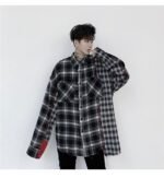 KK1453 Plaid Colliding Color Design Men's Loose-sleeved Shirt