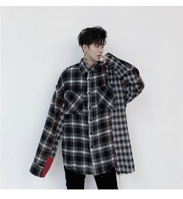 KK1453 Plaid Colliding Color Design Men's Loose-sleeved Shirt
