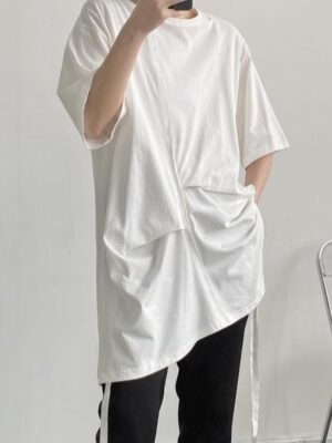 YM83 P45 Asymmetrical Round Neck Casual Solid Color T-shirt