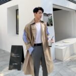 Fashion Men Stitching Long Windbreaker Jacket White Trench Coat Camel Trench Coat