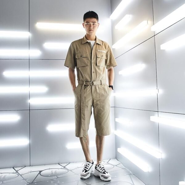 Summer Workwear Jumpsuit Men's Loose Straight Short Sleeves Jumpsuit Men's Korean Version Trend Men's Casual Shorts Pants
