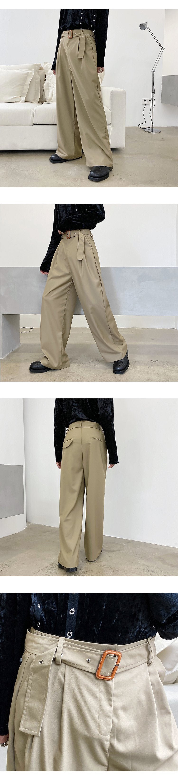 1302-p75 High Waist Straight Pants New Belt Floor Thin Casual Pants Long Men