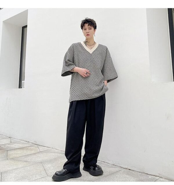 KK1658/P60 Geometric Pattern V-Neck Pullover Loose T-shirt
