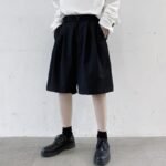 KK1375/P75 Double Live Pleat Design Loose Solid Color Casual Five-point Pants