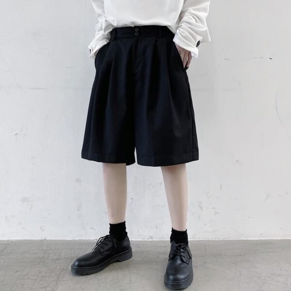 KK1375/P75 Double Live Pleat Design Loose Solid Color Casual Five-point Pants