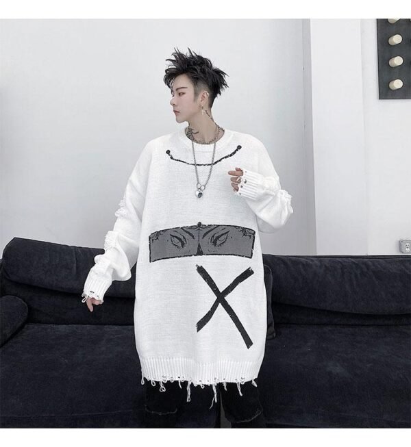 KK1523 Eye Pattern Print Holes Solid Men Loose Thick Sweate