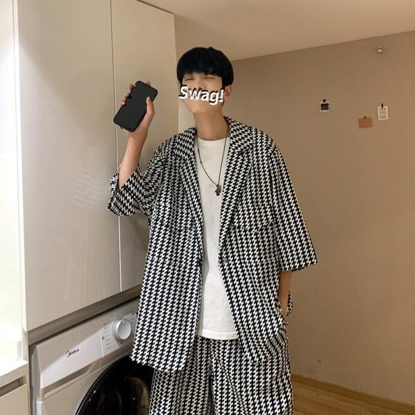Houndstooth Shirt Shorts Two-piece Suit Men