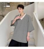 KK1658/P60 Geometric Pattern V-Neck Pullover Loose T-shirt